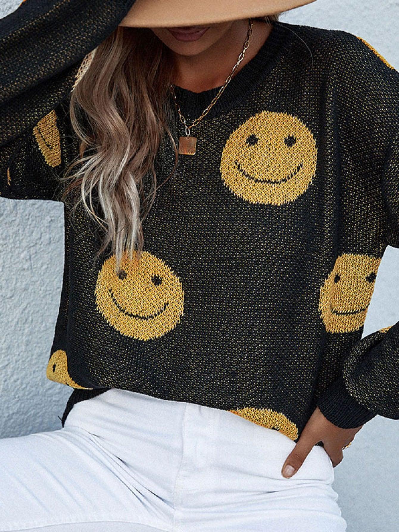 Happy Go Lucky Ribbed Smiley Face Sweater - MXSTUDIO.COM