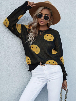 Happy Go Lucky Ribbed Smiley Face Sweater - MXSTUDIO.COM