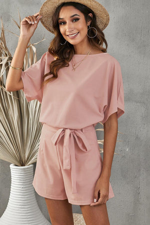 Happy Go Lucky Tie Belt Short Sleeve Romper - MXSTUDIO.COM