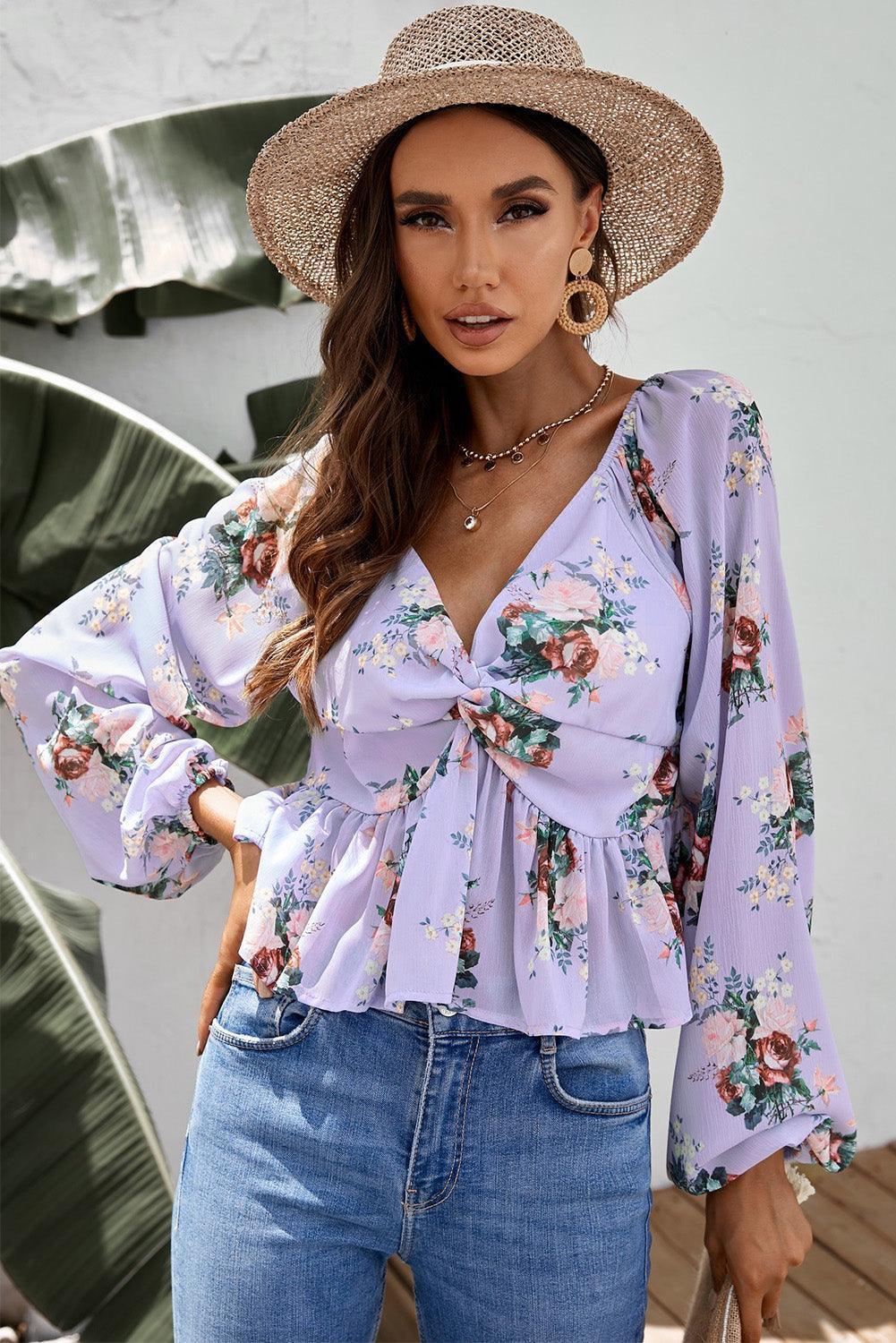 Happy Life Long Sleeve Floral Peplum Blouse - MXSTUDIO.COM