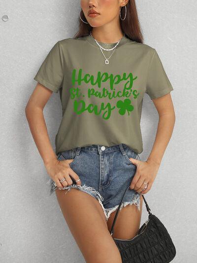 a woman wearing a happy st patrick's day t - shirt