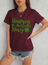 a woman wearing a t - shirt that says happy st patrick's day