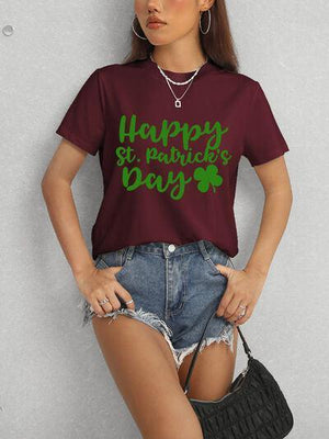 a woman wearing a happy st patrick's day t - shirt