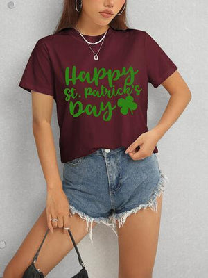 a woman wearing a t - shirt that says happy st patrick's day