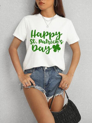 a woman wearing a happy st patrick's day t - shirt