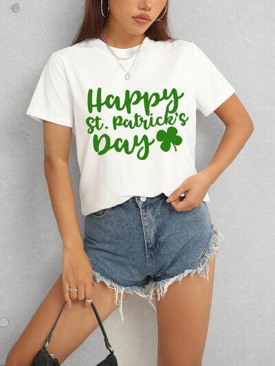 a woman wearing a happy st patrick's day t - shirt