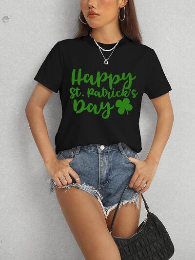 a woman wearing a happy st patrick's day t - shirt