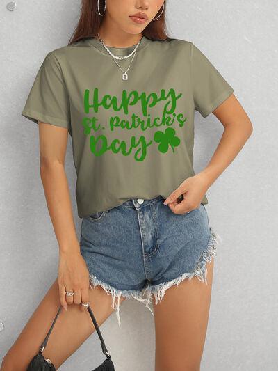 a woman wearing a happy st patrick's day t - shirt