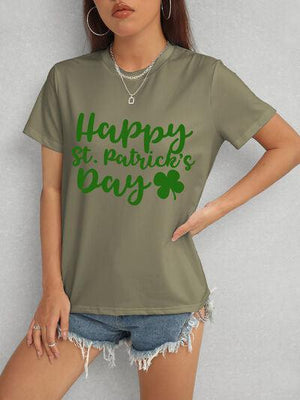 a woman wearing a happy st patrick's day t - shirt