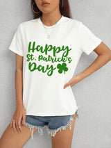 a woman wearing a happy st patrick's day t - shirt