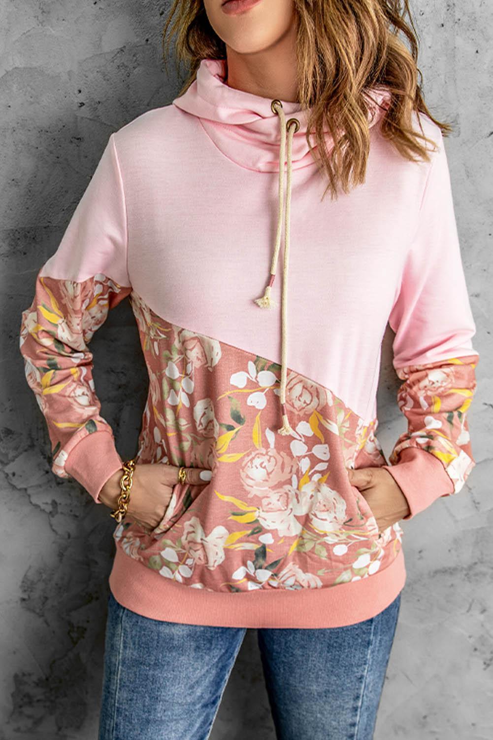 Happy Thoughts Floral Color Block Pink Hoodie - MXSTUDIO.COM