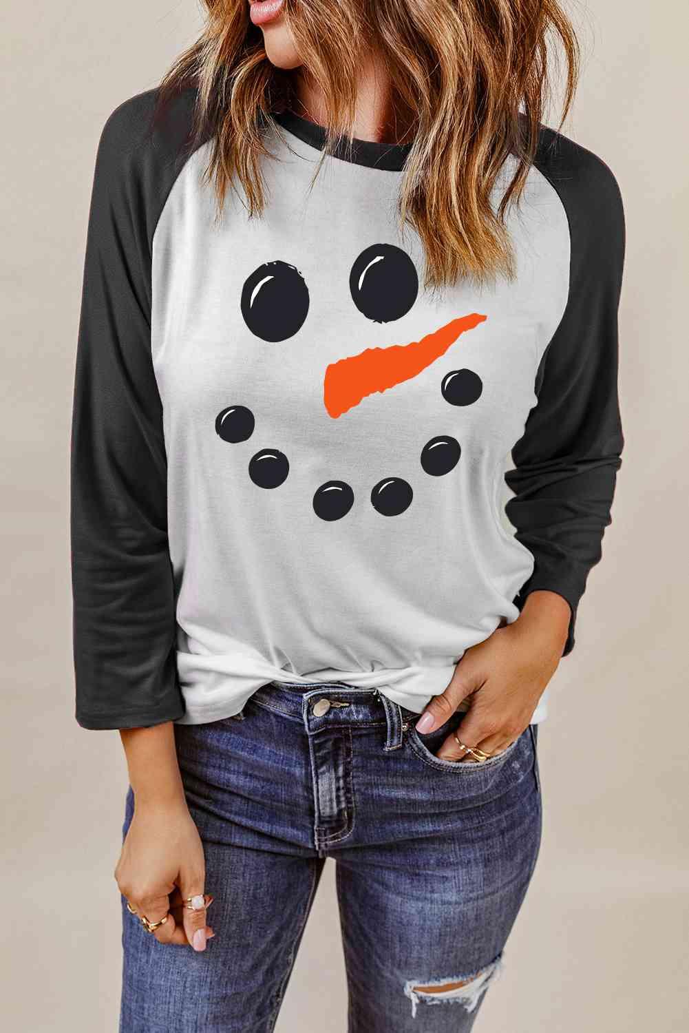 Harmonious Season Raglan Sleeve Snowman T-Shirt-MXSTUDIO.COM