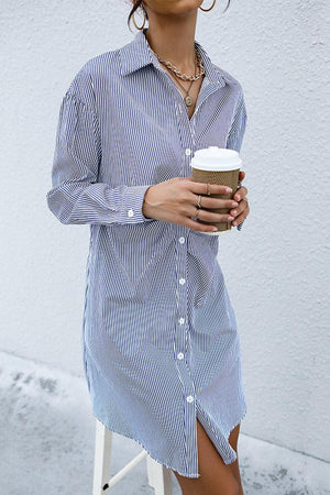 Have A Break Striped Long Sleeve Shirt Dress - MXSTUDIO.COM