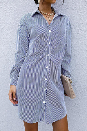 Have A Break Striped Long Sleeve Shirt Dress - MXSTUDIO.COM