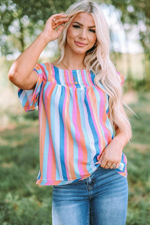 Have Fun Flutter Sleeve Striped Blouse - MXSTUDIO.COM