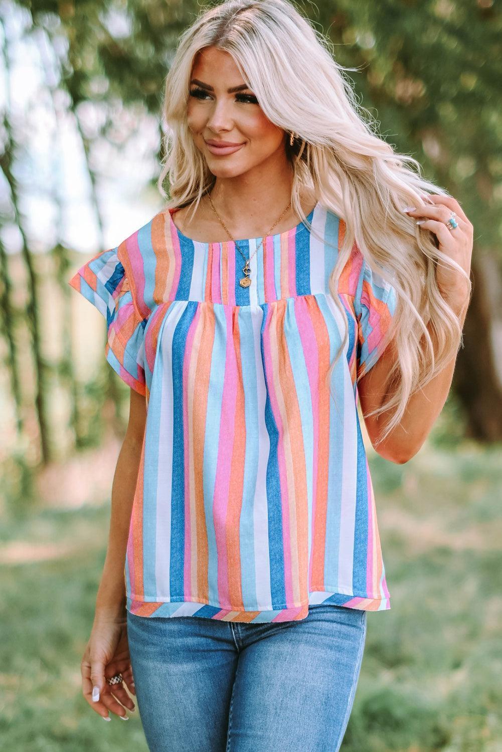 Have Fun Flutter Sleeve Striped Blouse - MXSTUDIO.COM