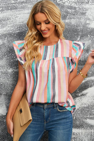 Have Fun Flutter Sleeve Striped Blouse - MXSTUDIO.COM