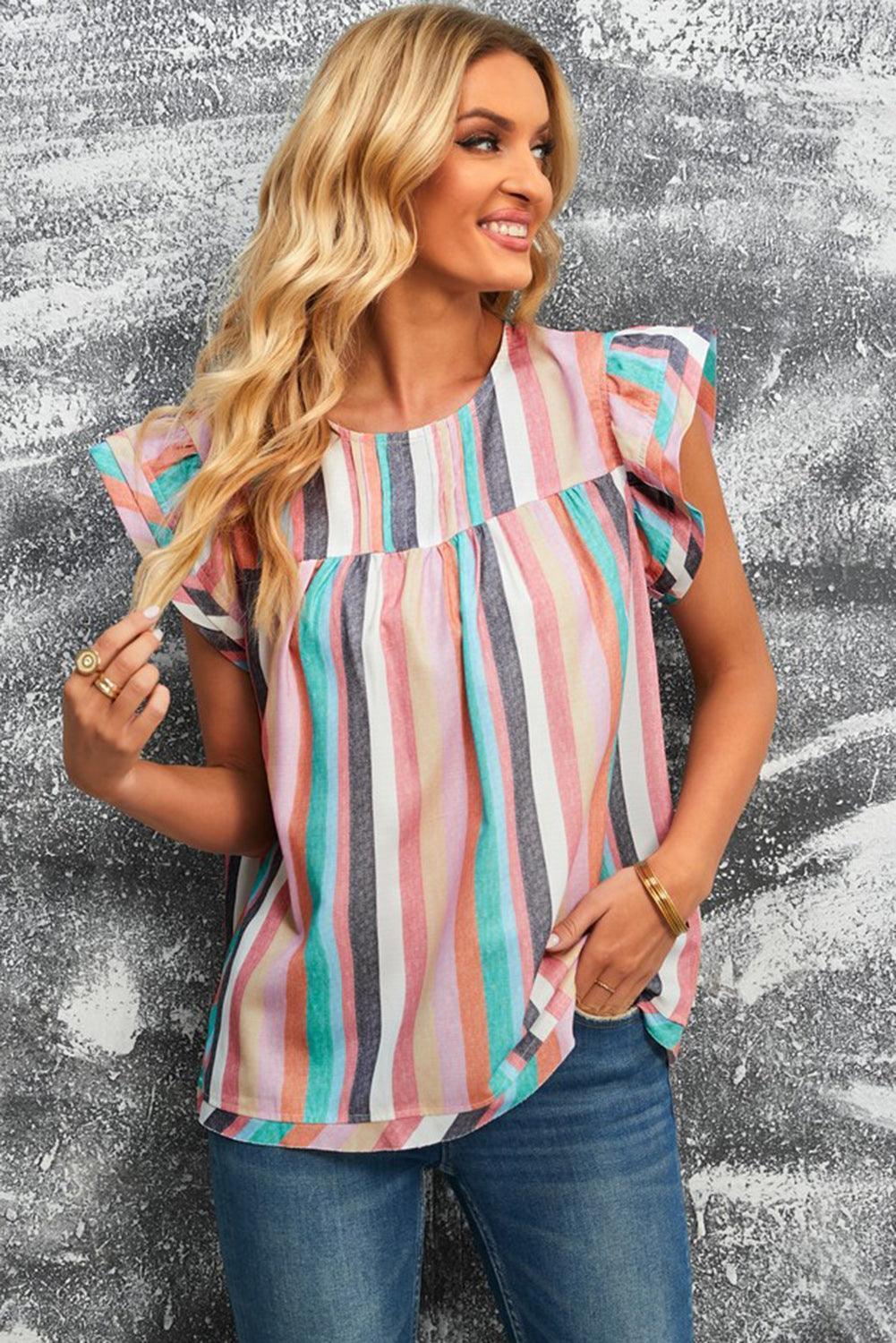 Have Fun Flutter Sleeve Striped Blouse - MXSTUDIO.COM