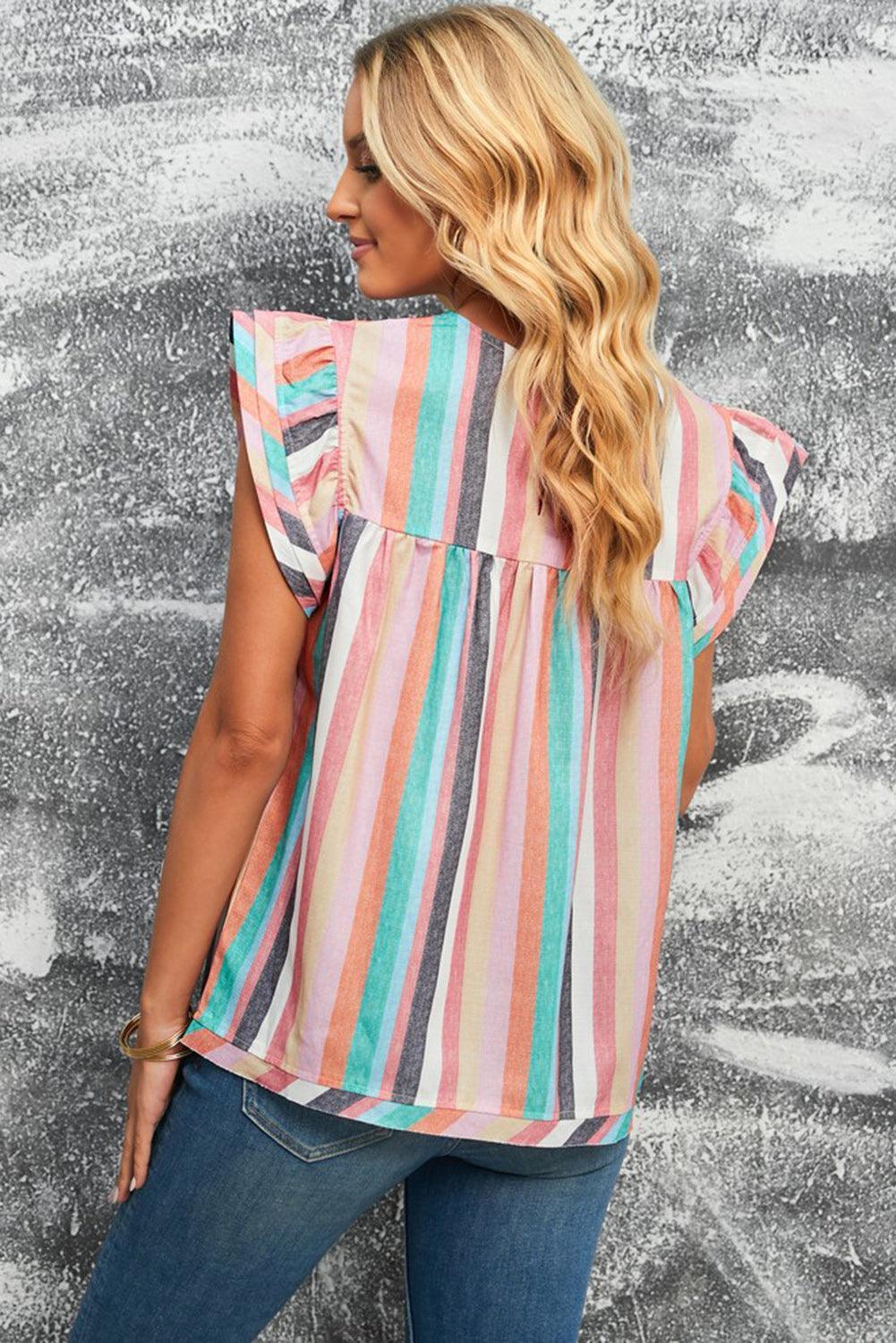 Have Fun Flutter Sleeve Striped Blouse - MXSTUDIO.COM