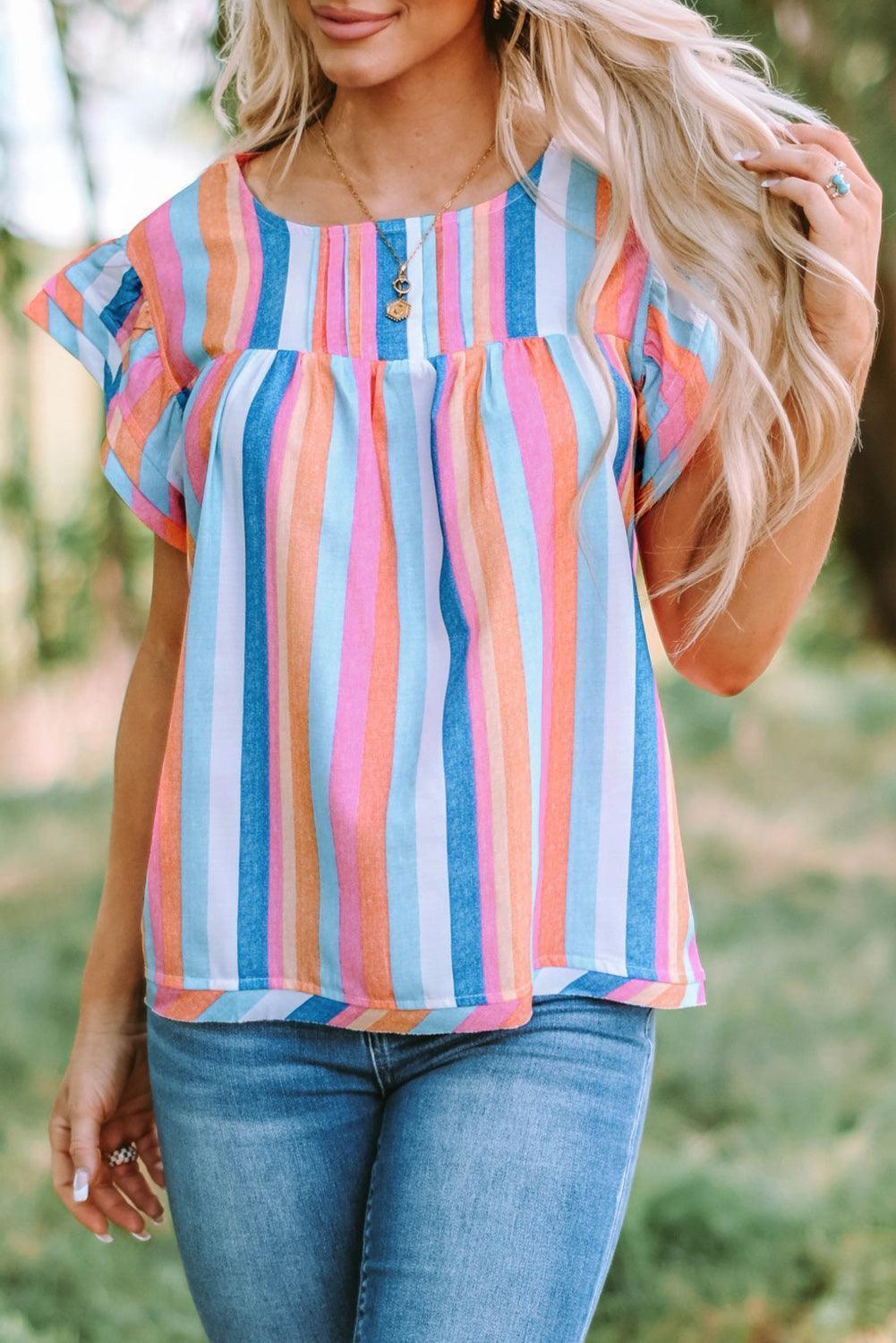 Have Fun Flutter Sleeve Striped Blouse - MXSTUDIO.COM