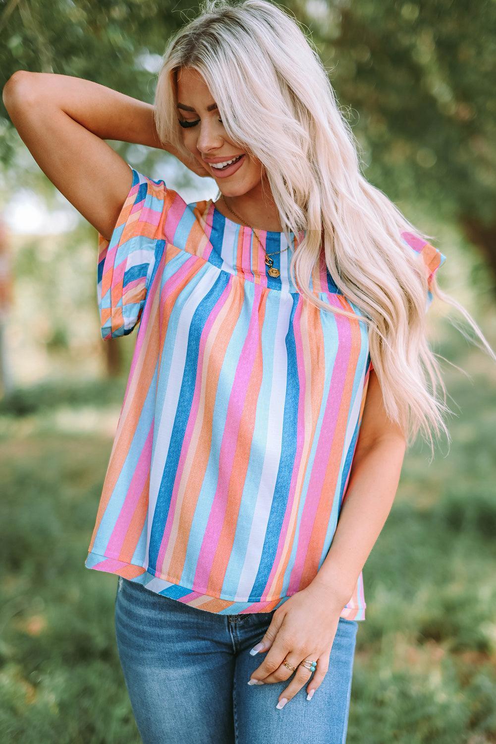 Have Fun Flutter Sleeve Striped Blouse - MXSTUDIO.COM