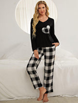 Heart Detail Top and Plaid Pants Lounge Set - MXSTUDIO.COM