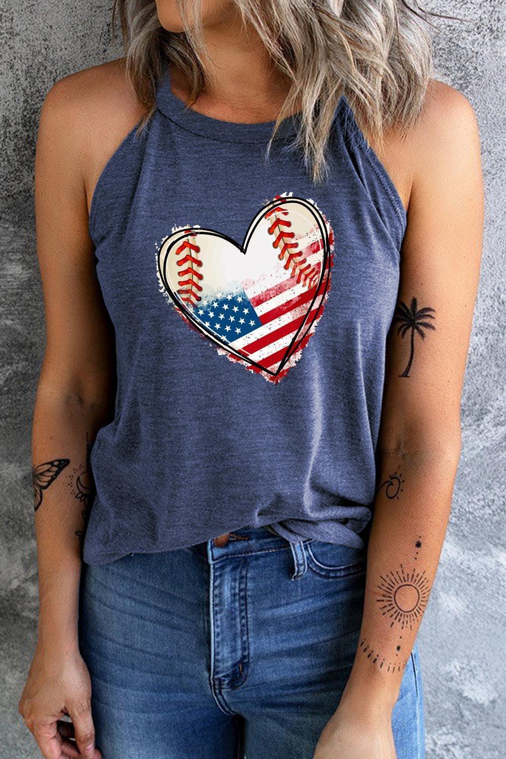 Heart Graphic Crew Neck American Flag Tank Top - MXSTUDIO.COM