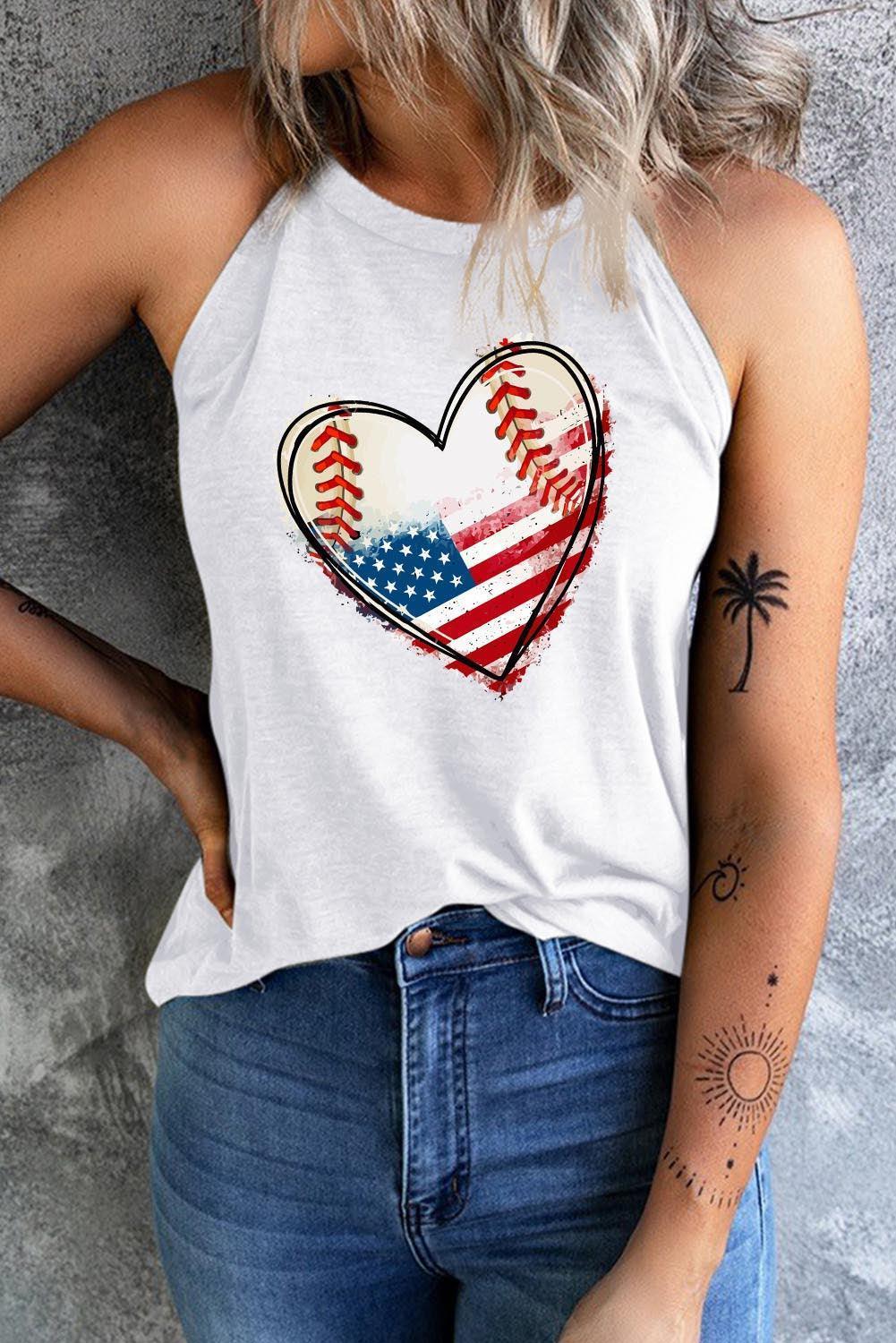 Heart Graphic Crew Neck American Flag Tank Top - MXSTUDIO.COM