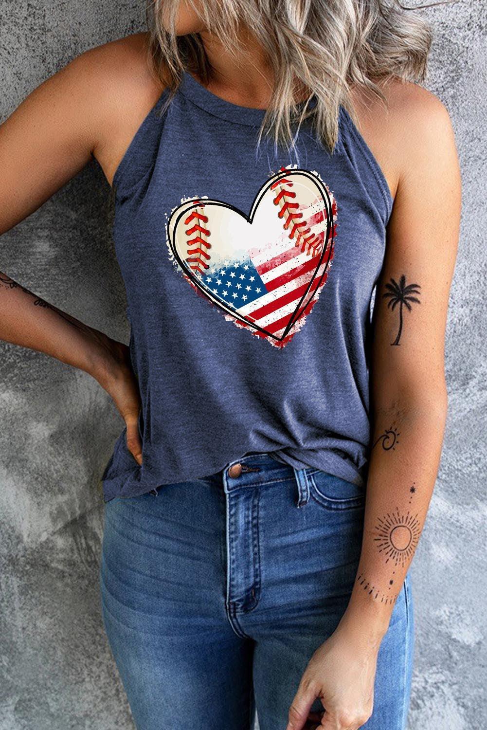 Heart Graphic Crew Neck American Flag Tank Top - MXSTUDIO.COM