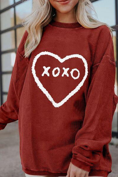 Heart Graphic Crew Neck Red Xoxo Sweatshirt-MXSTUDIO.COM