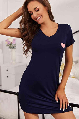 Heart Graphic Short Sleeve Navy Blue Nightgown - MXSTUDIO.COM