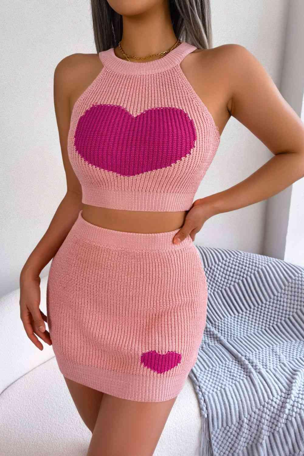 Heart Knitted Sleeveless Crop Top and Skirt Set-MXSTUDIO.COM