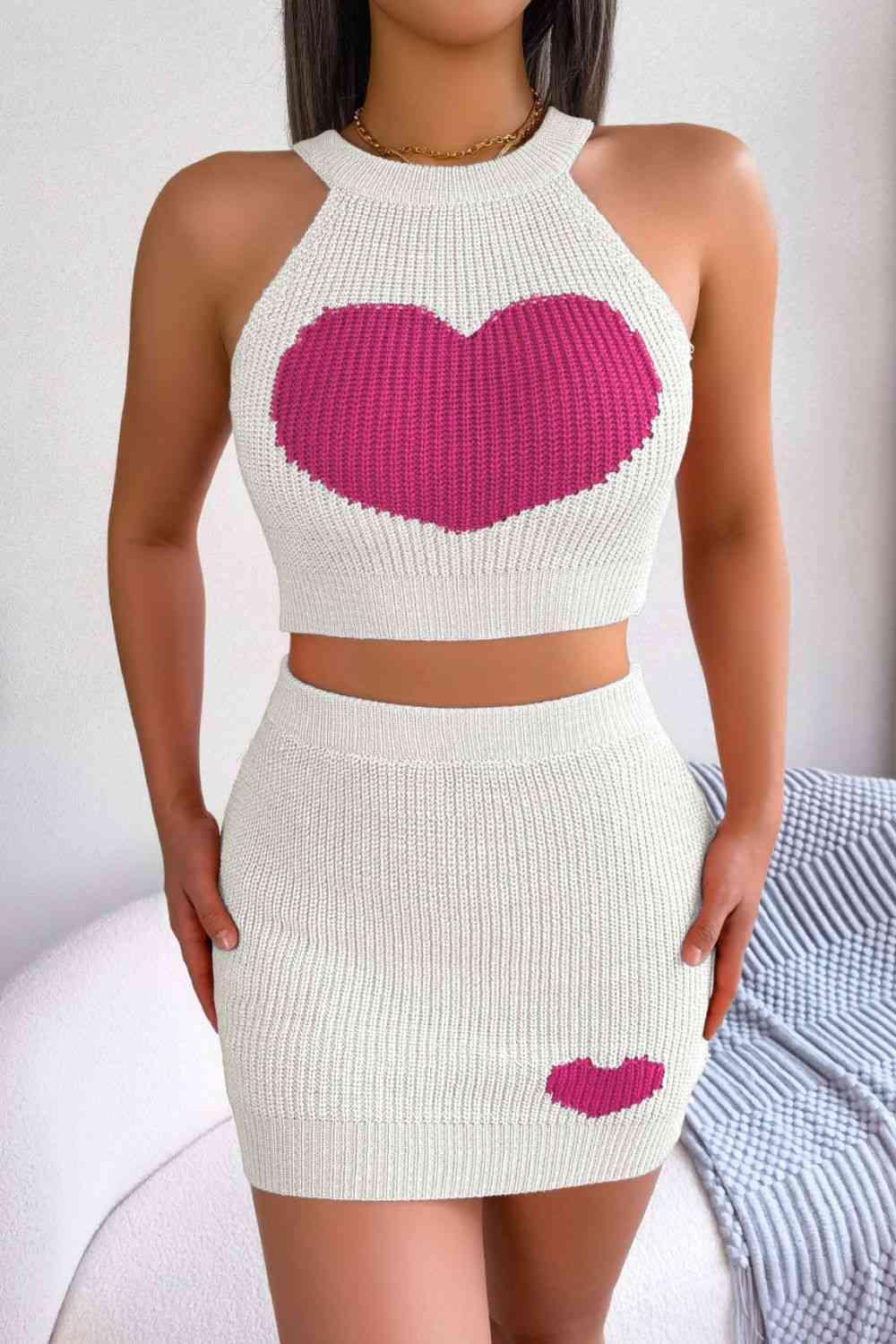 Heart Knitted Sleeveless Crop Top and Skirt Set-MXSTUDIO.COM