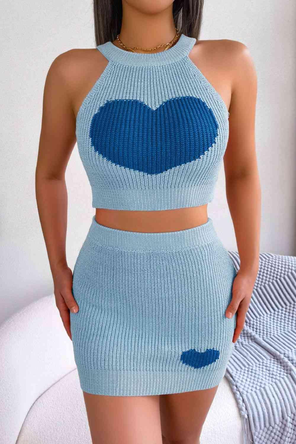 Heart Knitted Sleeveless Crop Top and Skirt Set-MXSTUDIO.COM