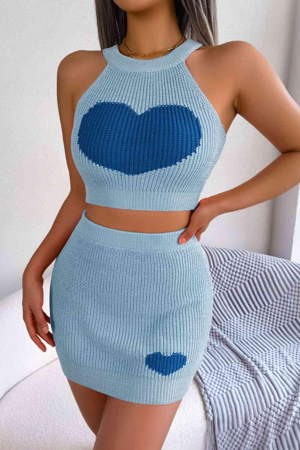 Heart Knitted Sleeveless Crop Top and Skirt Set-MXSTUDIO.COM