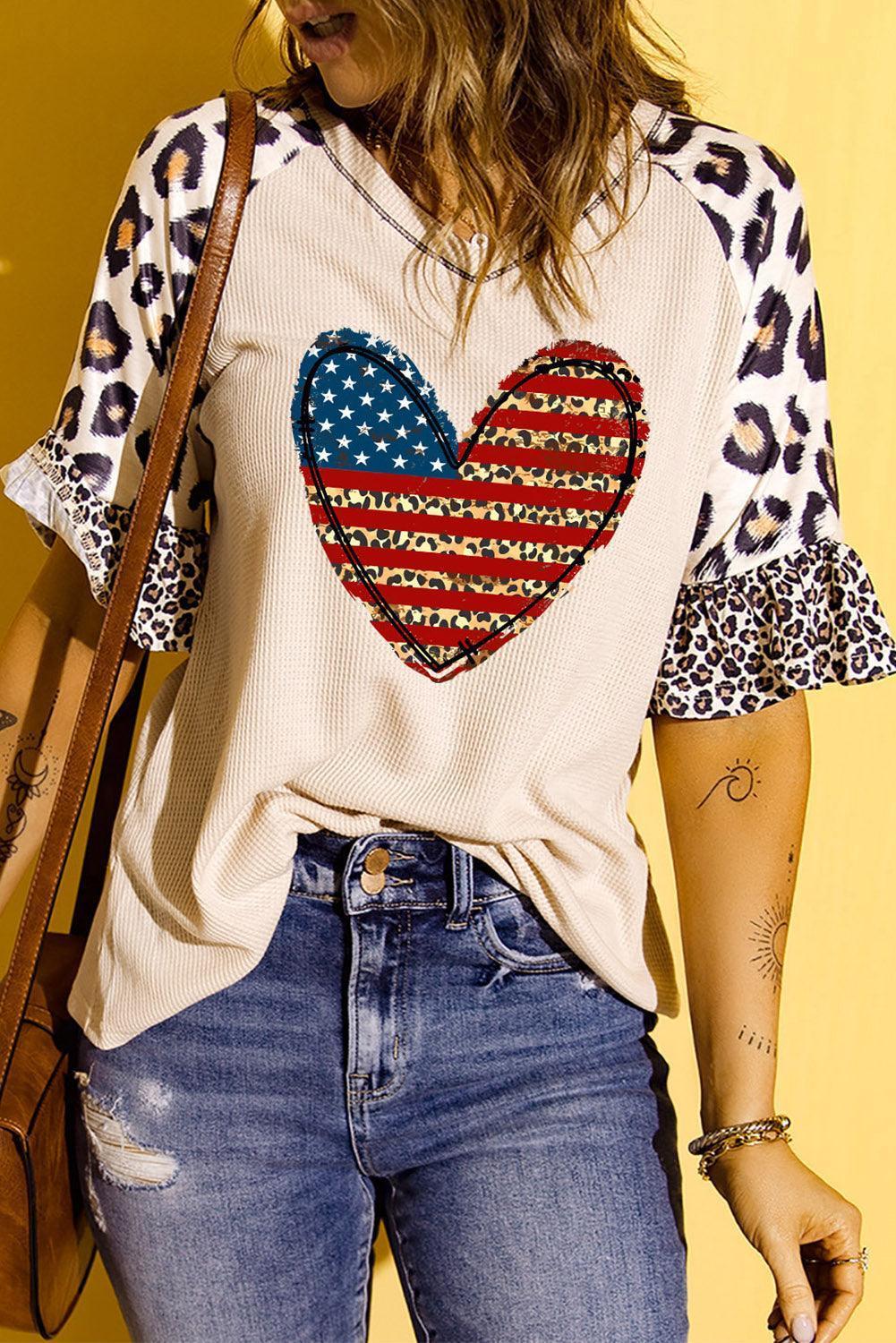 Heart Leopard Stars and Stripes US Flag T Shirt - MXSTUDIO.COM