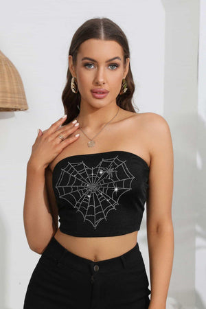 Heart Spider Web Graphic Black Cropped Tube Top - MXSTUDIO.COM