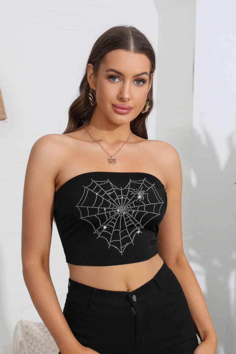 Heart Spider Web Graphic Black Cropped Tube Top - MXSTUDIO.COM