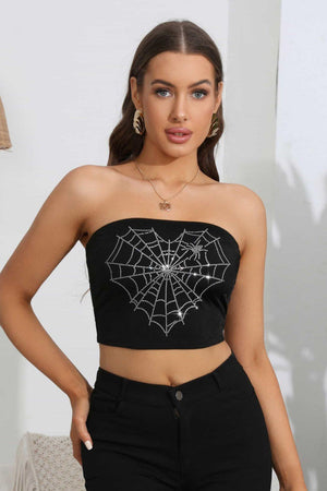 Heart Spider Web Graphic Black Cropped Tube Top - MXSTUDIO.COM