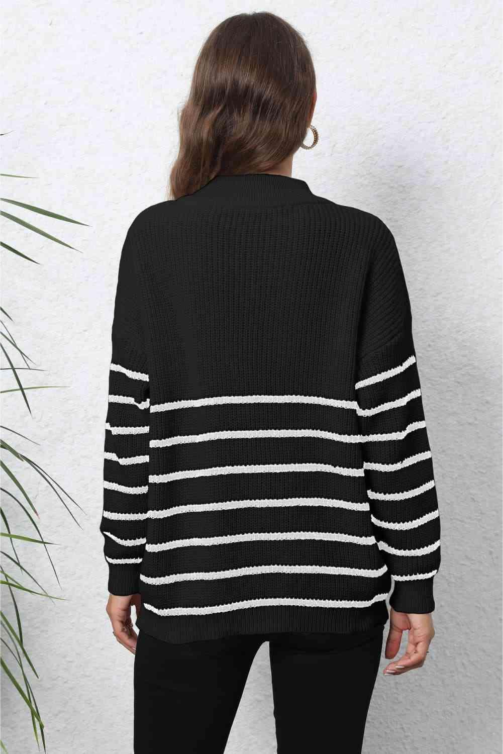 Heartwarming Mock Neck Striped Half Zip Sweater - MXSTUDIO.COM