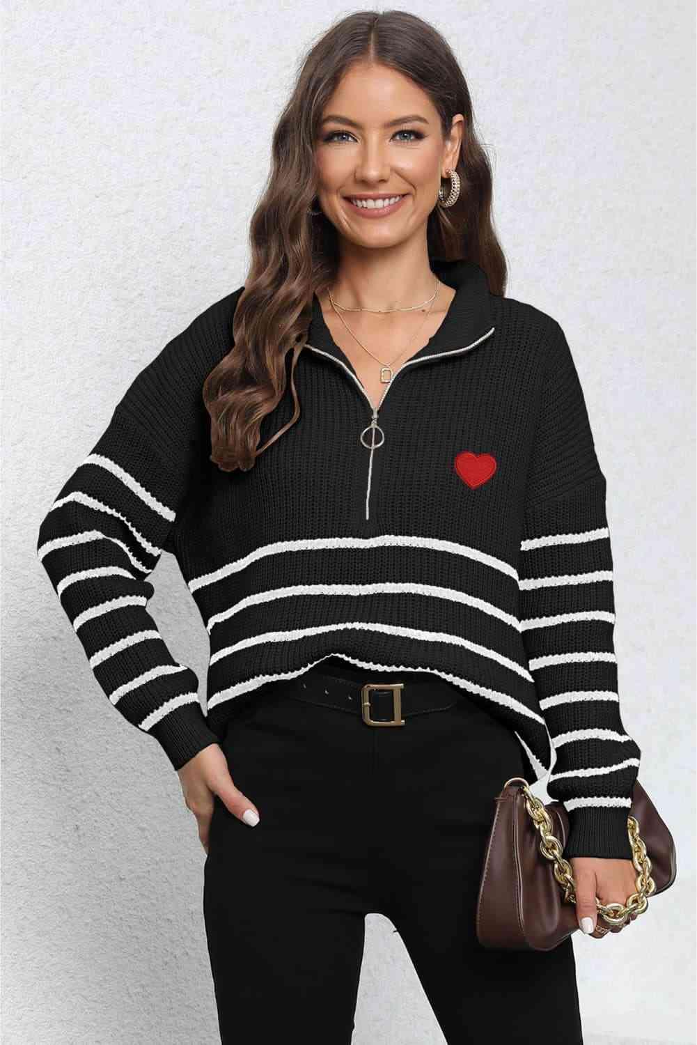 Heartwarming Mock Neck Striped Half Zip Sweater - MXSTUDIO.COM