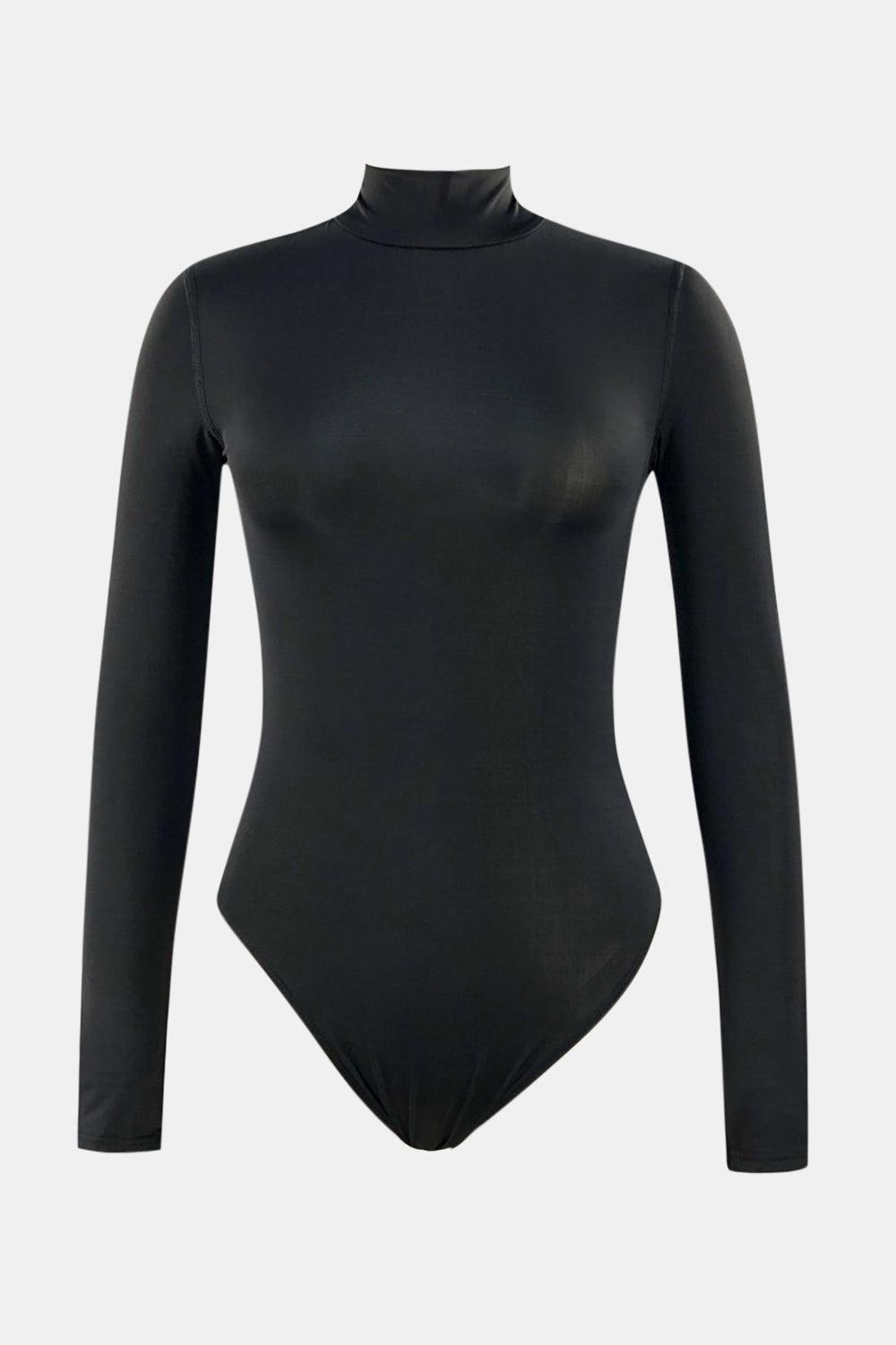 a black bodysuit with a high neck and long sleeves