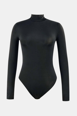 a black bodysuit with a high neck and long sleeves