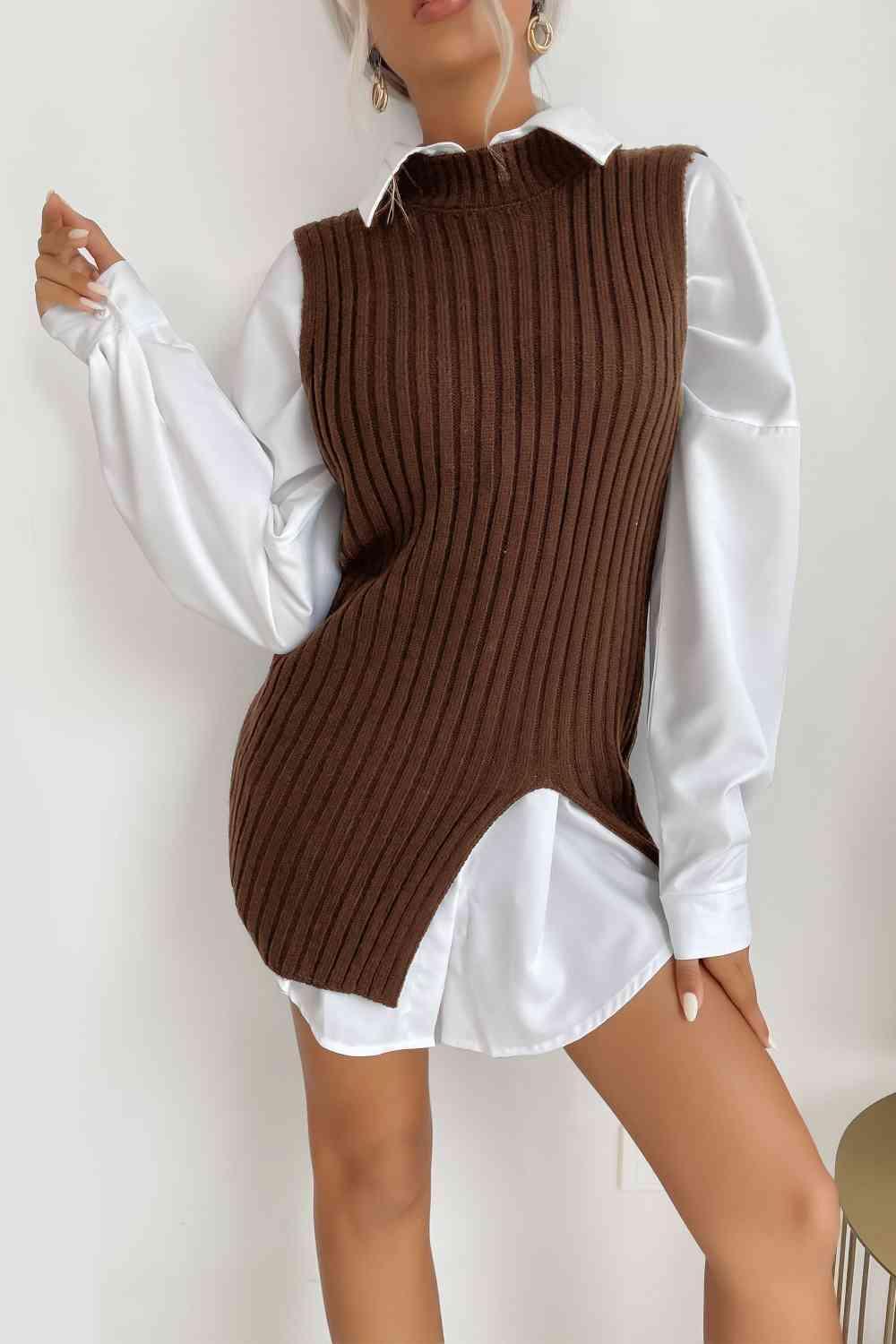 a woman in a brown and white sweater dress