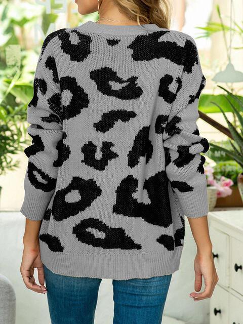 Heather Gray Knit Leopard Print Sweater-MXSTUDIO.COM