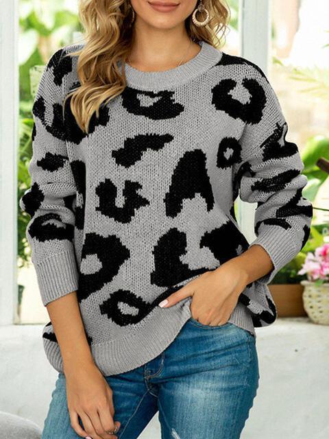 Heather Gray Knit Leopard Print Sweater-MXSTUDIO.COM