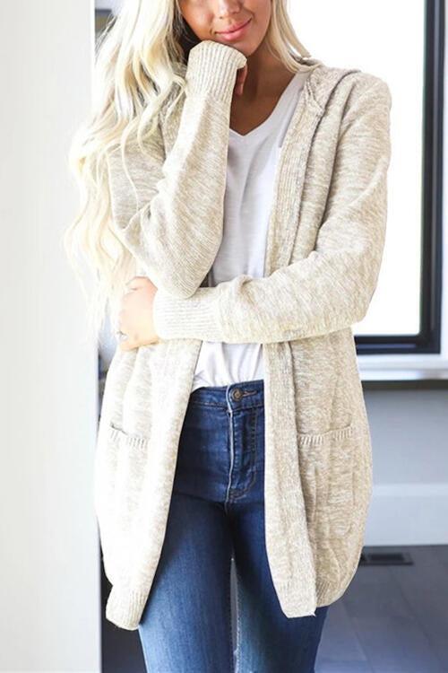 Heathered Open Front Long Hooded Cardigan-MXSTUDIO.COM