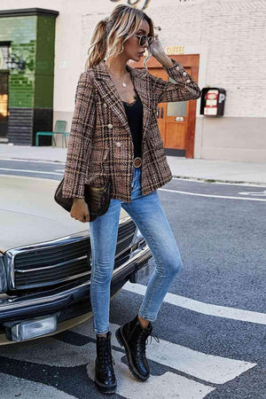 Heathered Plaid Brown Double Breasted Blazer-MXSTUDIO.COM