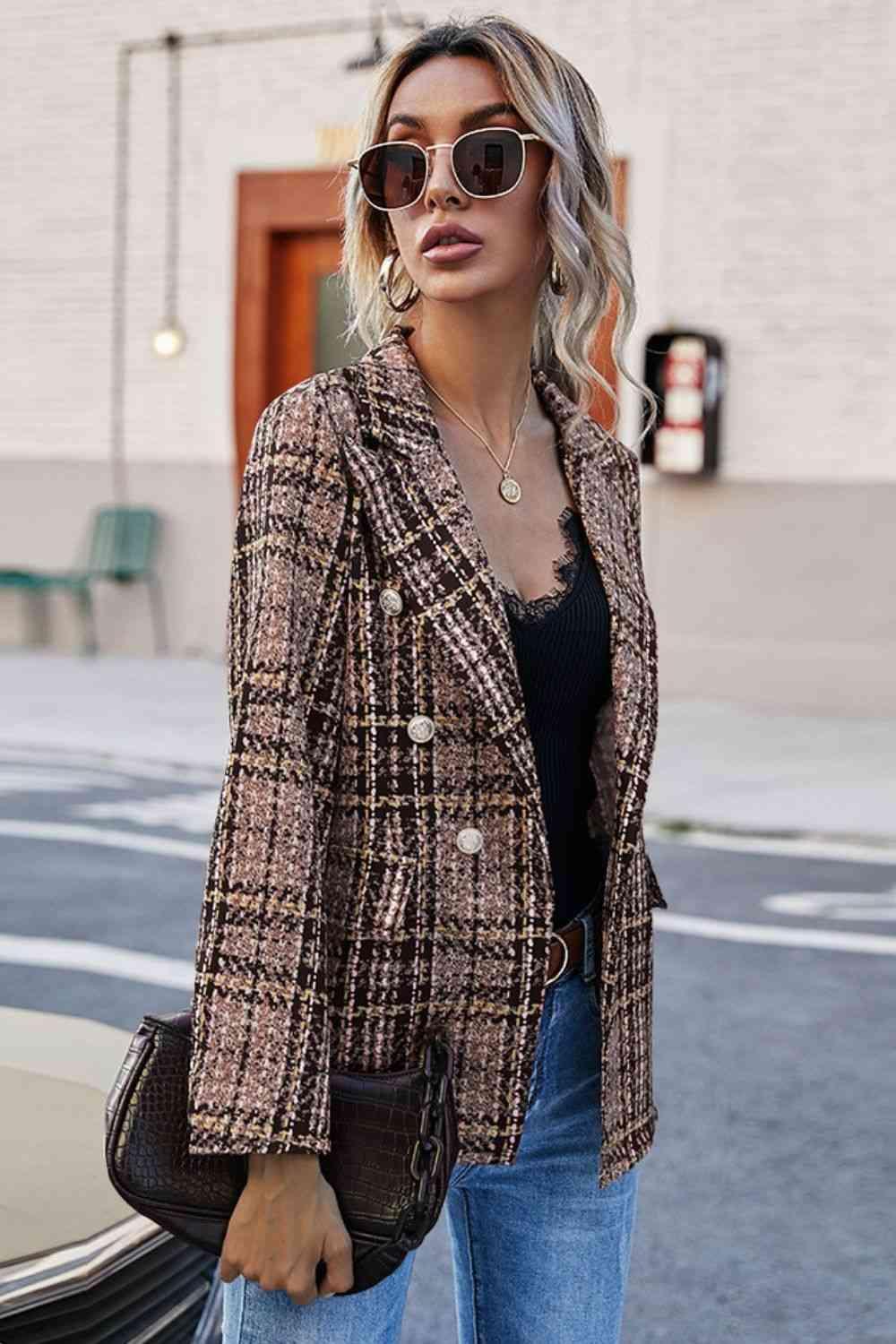 Heathered Plaid Brown Double Breasted Blazer-MXSTUDIO.COM