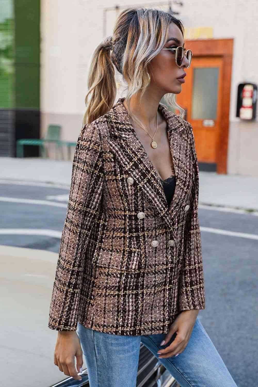 Heathered Plaid Brown Double Breasted Blazer-MXSTUDIO.COM